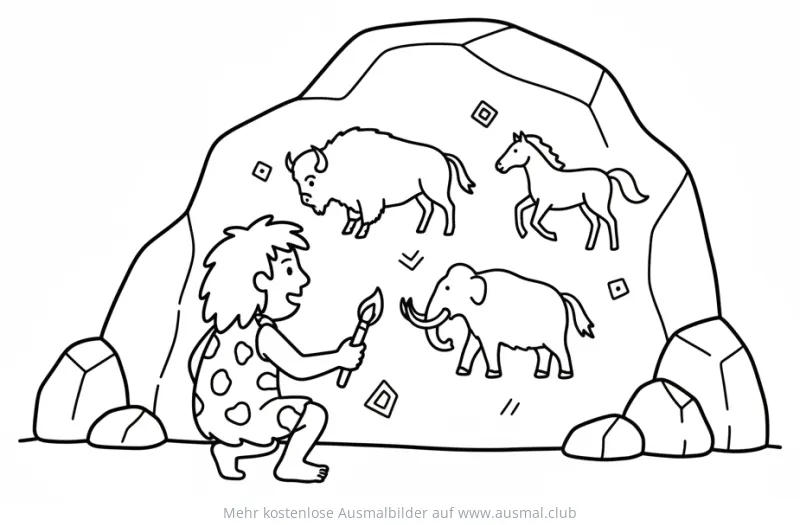 Höhlenmensch mit Fackel und Höhlenmalerei Ausmalbild