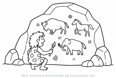 Höhlenmensch mit Fackel und Höhlenmalerei Ausmalbild