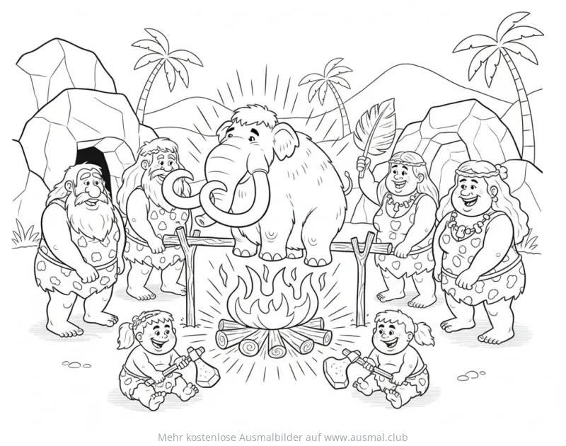Steinzeit Ausmalbild: Mammut wird von Höhlenmenschen gegrillt