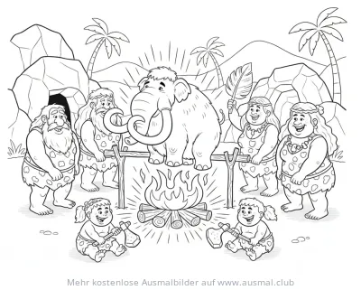 Steinzeit Ausmalbild: Mammut wird von Höhlenmenschen gegrillt