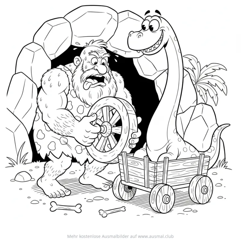 Höhlenmensch zieht Dinosaurier im Karren mit Rad Ausmalbild
