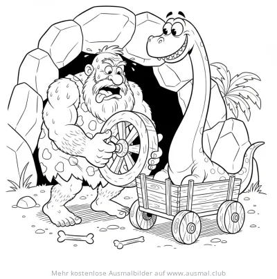 Höhlenmensch zieht Dinosaurier im Karren mit Rad Ausmalbild
