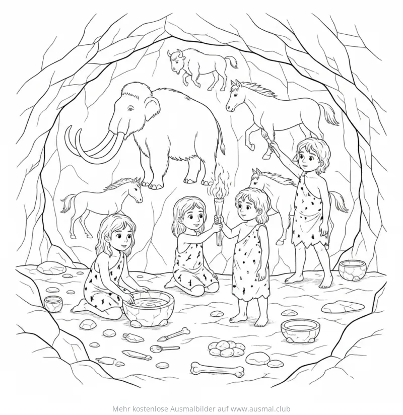 Höhlenmenschen malen Tiere an die Höhlenwand Ausmalbild