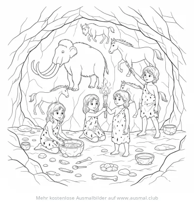 Höhlenmenschen malen Tiere an die Höhlenwand Ausmalbild
