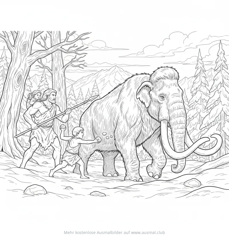 Mammut Jagd Ausmalbild mit Höhlenmenschen und Kindern