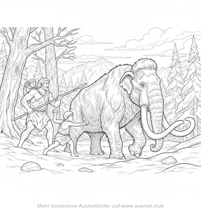 Mammut Jagd Ausmalbild mit Höhlenmenschen und Kindern