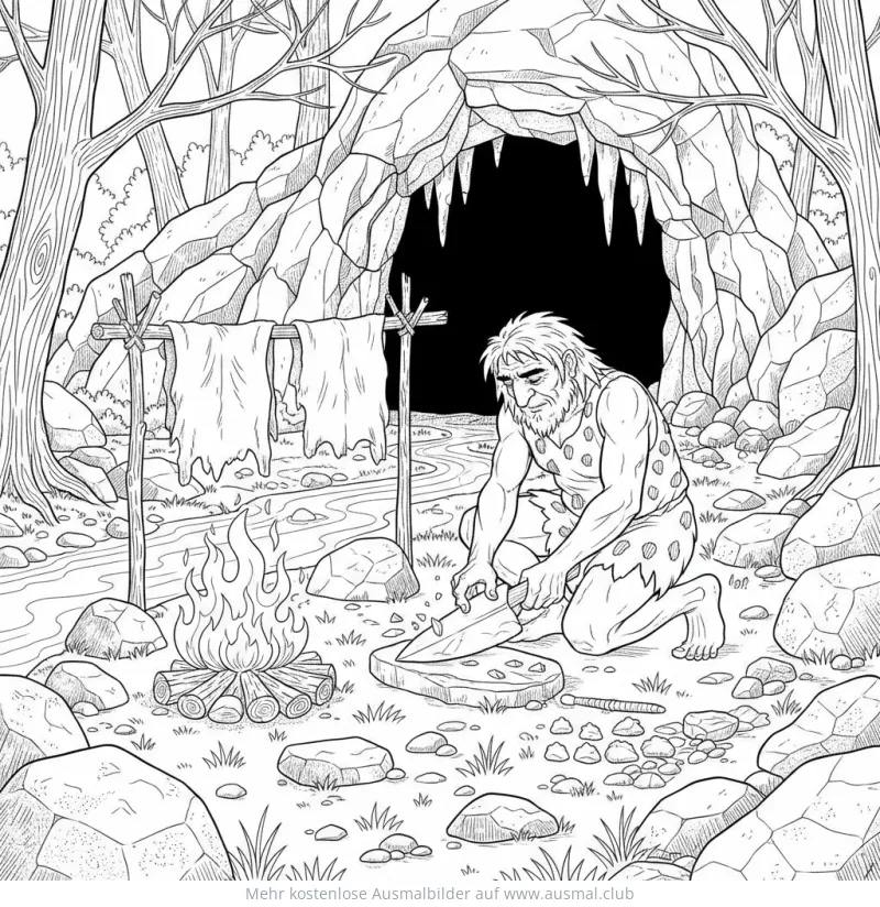 Höhlenmensch bearbeitet Steinwerkzeug vor Höhle Ausmalbild