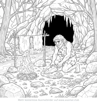Höhlenmensch bearbeitet Steinwerkzeug vor Höhle Ausmalbild