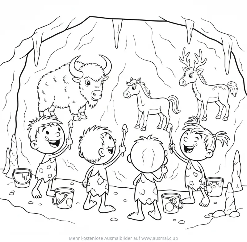 Höhlenmenschen malen Tiere in einer Höhle Ausmalbild