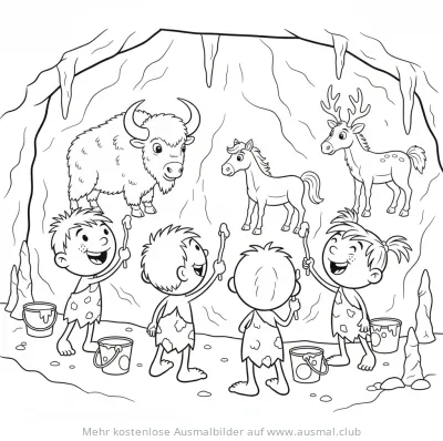 Höhlenmenschen malen Tiere in einer Höhle Ausmalbild
