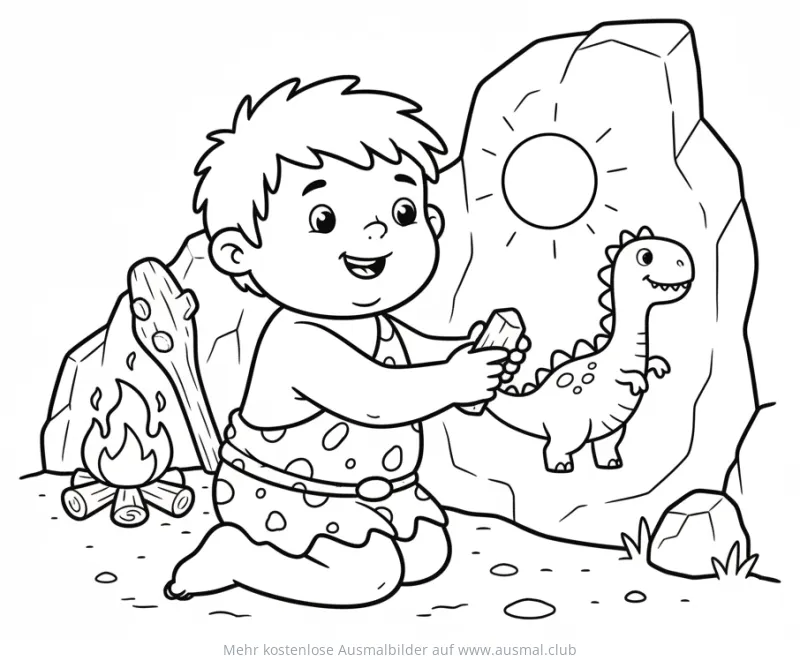 Höhlenkind malt Dinosaurier auf Felswand Ausmalbild