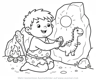 Höhlenkind malt Dinosaurier auf Felswand Ausmalbild