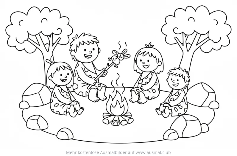 Höhlenfamilie am Lagerfeuer Ausmalbild