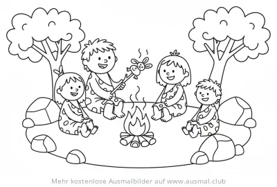 Höhlenfamilie am Lagerfeuer Ausmalbild