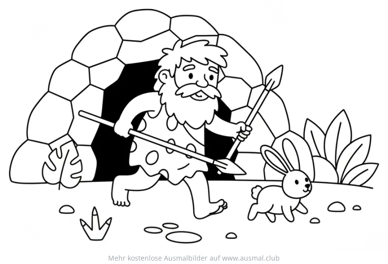 Höhlenmensch auf der Jagd mit Speeren und Hase Ausmalbild