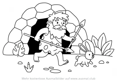 Höhlenmensch auf der Jagd mit Speeren und Hase Ausmalbild