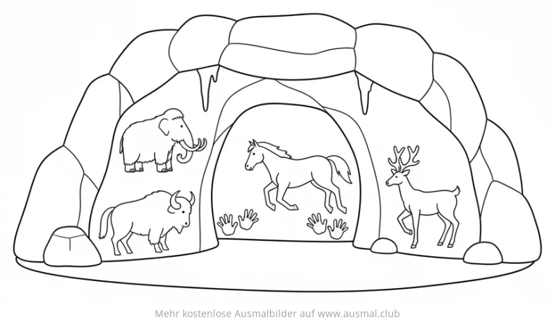 Höhlenmalerei Ausmalbild mit Mammut, Bison, Pferd und Hirsch