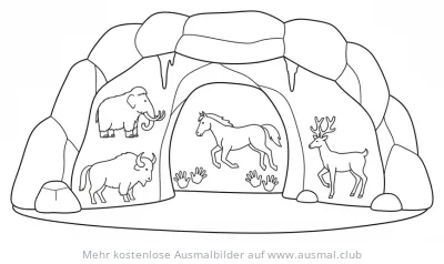 Höhlenmalerei Ausmalbild mit Mammut, Bison, Pferd und Hirsch