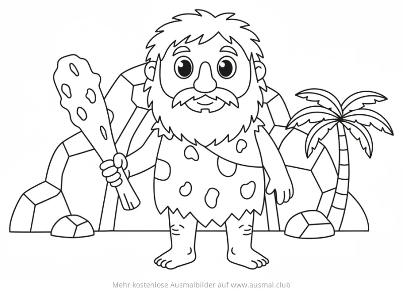 Freundlicher Höhlenmensch mit Keule vor Felswand und Palme Ausmalbild