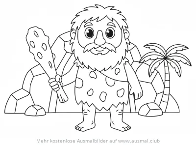 Freundlicher Höhlenmensch mit Keule vor Felswand und Palme Ausmalbild