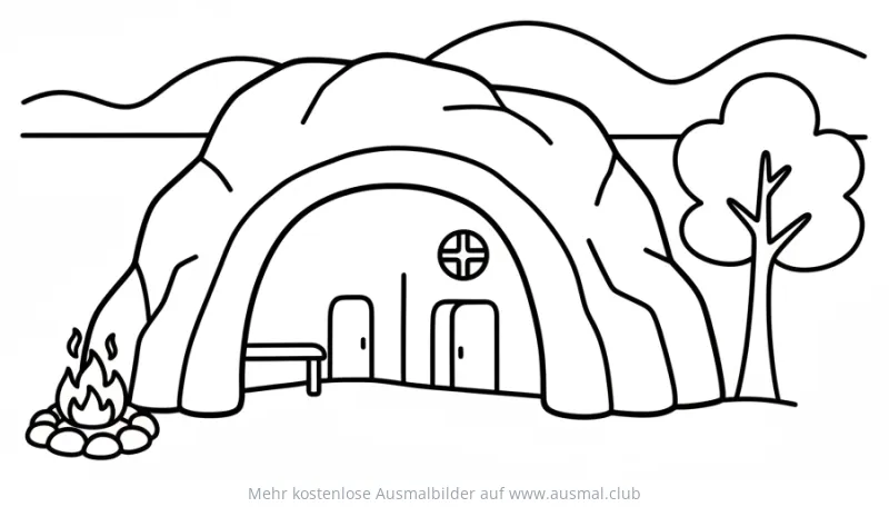 Höhlenbehausung Ausmalbild mit Feuerstelle und Baum