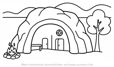 Höhlenbehausung Ausmalbild mit Feuerstelle und Baum