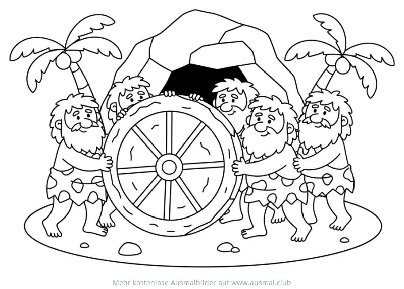 Höhlenmenschen schieben Steinrad Ausmalbild
