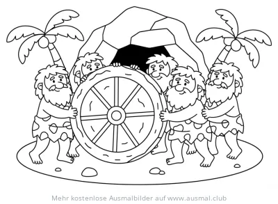 Höhlenmenschen schieben Steinrad Ausmalbild