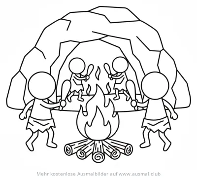 Tanzende Höhlenmenschen am Lagerfeuer vor einer Höhle Ausmalbild