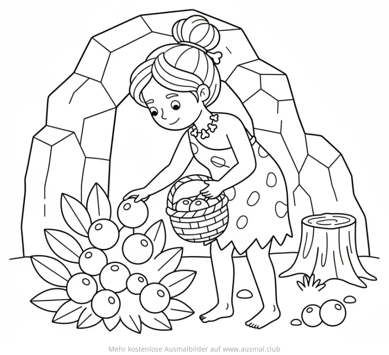 Höhlenmädchen sammelt Beeren Ausmalbild