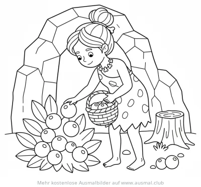 Höhlenmädchen sammelt Beeren Ausmalbild