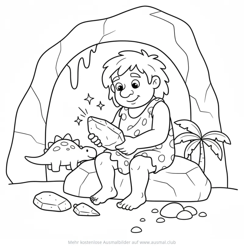 Höhlenmensch schleift Werkzeug vor Höhle mit Dinosaurier Ausmalbild