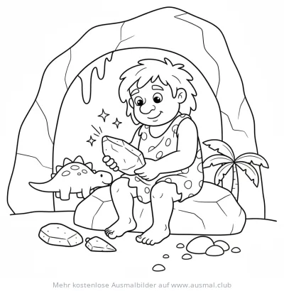 Höhlenmensch schleift Werkzeug vor Höhle mit Dinosaurier Ausmalbild