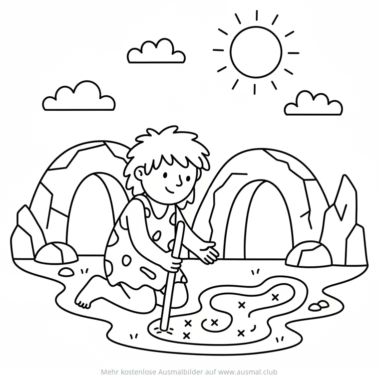 Höhlenmensch zeichnet Karte Ausmalbild