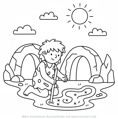 Höhlenmensch zeichnet Karte Ausmalbild