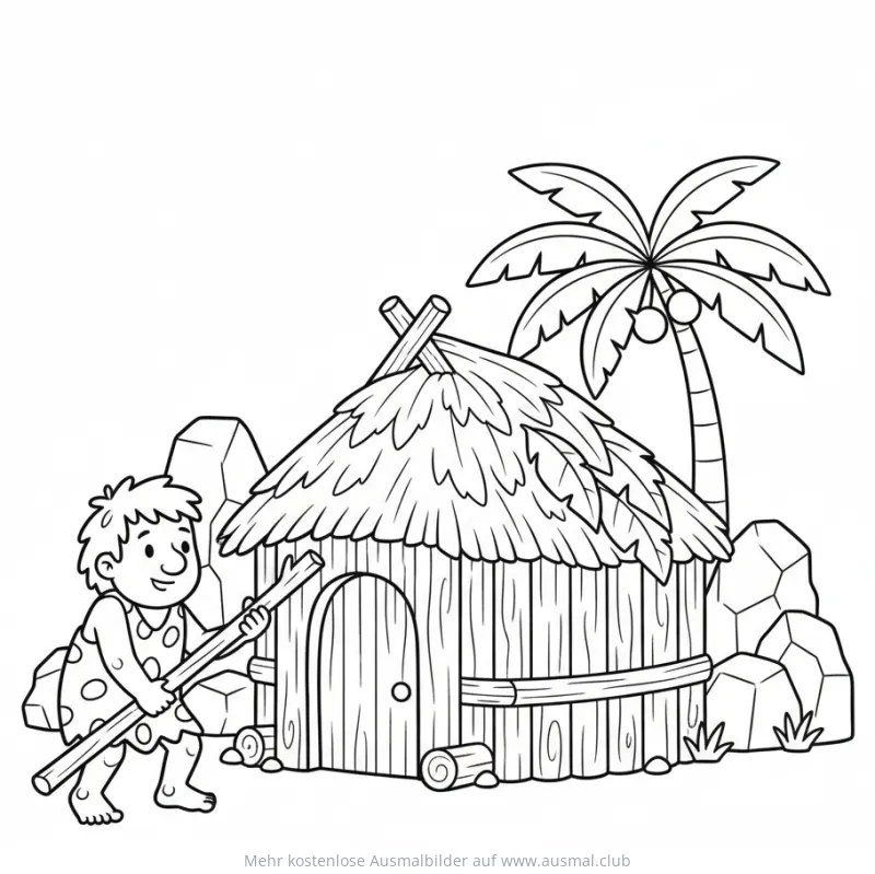 Höhlenmensch beim Hütte Bauen Ausmalbild