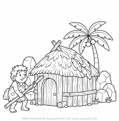 Höhlenmensch beim Hütte Bauen Ausmalbild