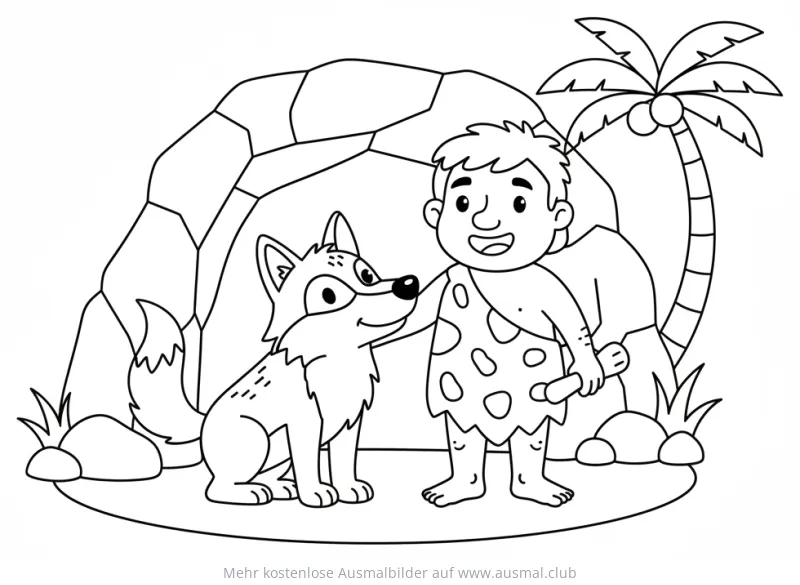 Steinzeitmensch mit Wolf vor Höhle Ausmalbild