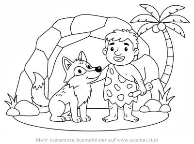 Steinzeitmensch mit Wolf vor Höhle Ausmalbild