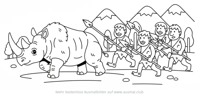 Steinzeit Ausmalbild: Nashorn Jagd mit Höhlenmenschen