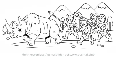 Steinzeit Ausmalbild: Nashorn Jagd mit Höhlenmenschen