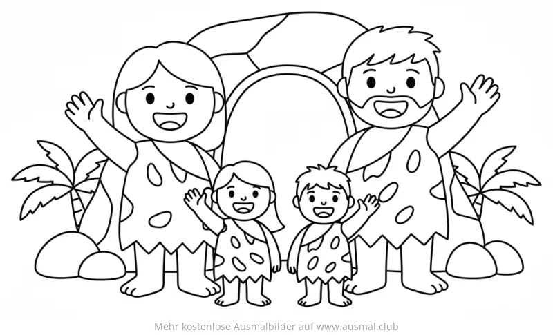 Steinzeit Familie winkt vor Höhle Ausmalbild