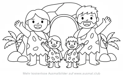 Steinzeit Familie winkt vor Höhle Ausmalbild