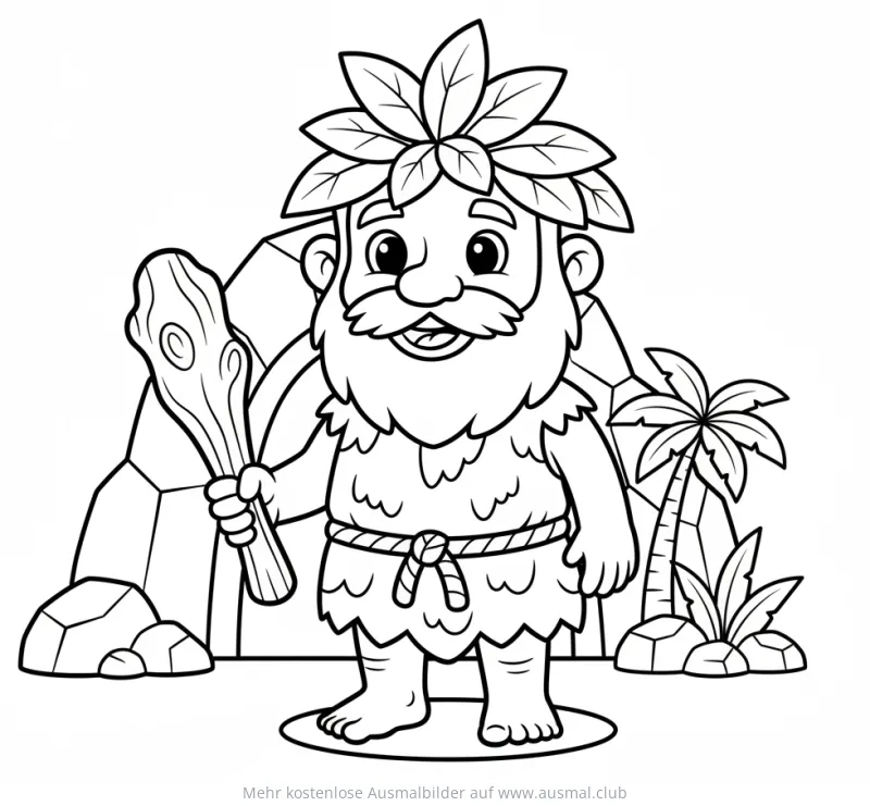 Freundlicher Höhlenmensch mit Blätterhut Ausmalbild