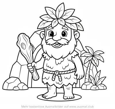 Freundlicher Höhlenmensch mit Blätterhut Ausmalbild
