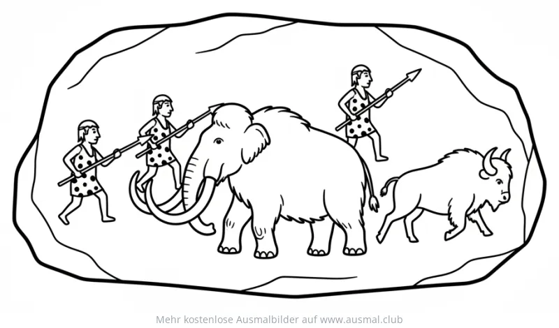 Mammut und Bison Jagd Ausmalbild im Stil einer Höhlenmalerei