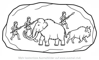 Mammut und Bison Jagd Ausmalbild im Stil einer Höhlenmalerei