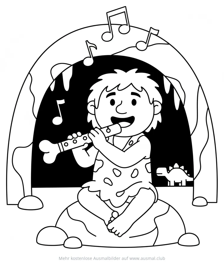 Höhlenmensch spielt Knochenflöte vor Höhle Ausmalbild