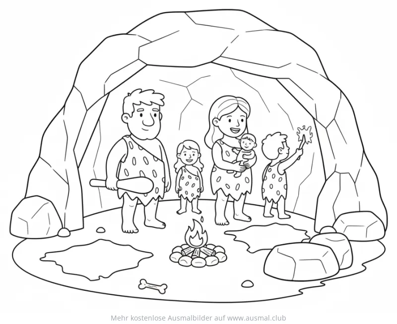 Höhlenfamilie vor Höhle mit Lagerfeuer Ausmalbild
