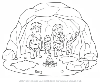 Höhlenfamilie vor Höhle mit Lagerfeuer Ausmalbild